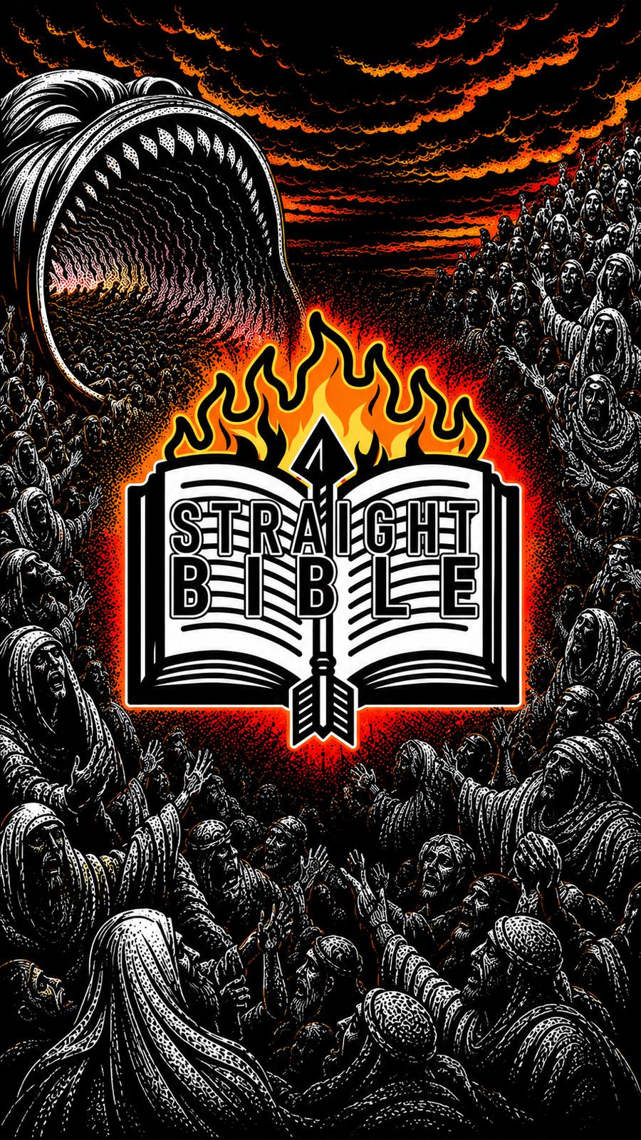Straight Bible woodcut: a hellmouth, a crowd, and the burning Bible