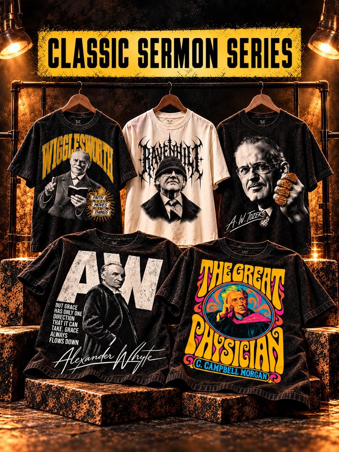 Classic Sermon Series tees hanging on a rack
